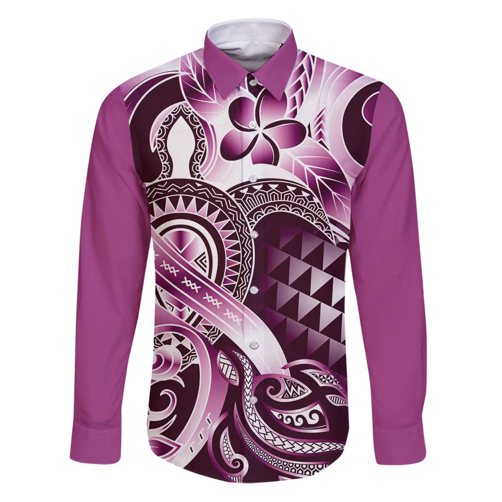 Aloha Pink Tribal Honu Tattoo Family Matching Puletasi and Hawaiian Shirt LT9 Dad's Shirt - Long Sleeve Pink - Polynesian Pride