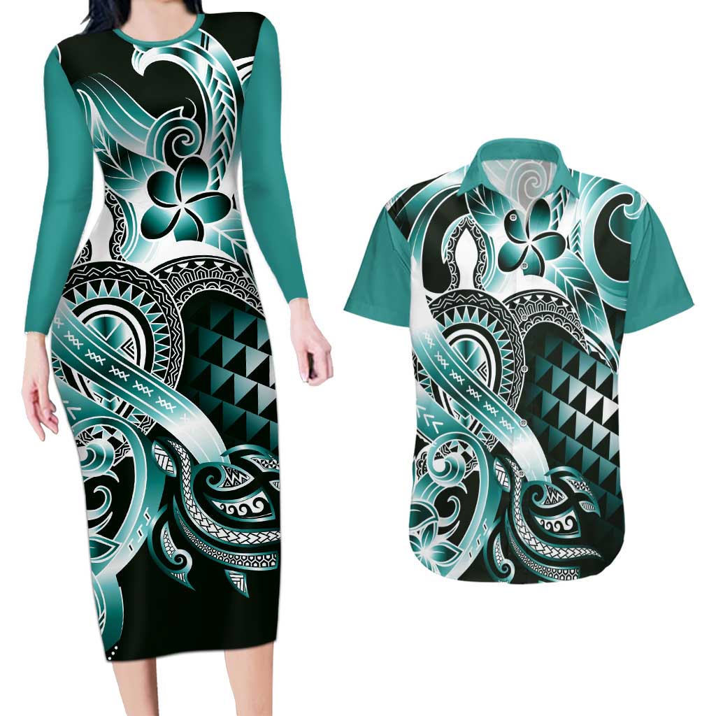 Aloha Turquoise Tribal Honu Tattoo Couples Matching Long Sleeve Bodycon Dress and Hawaiian Shirt