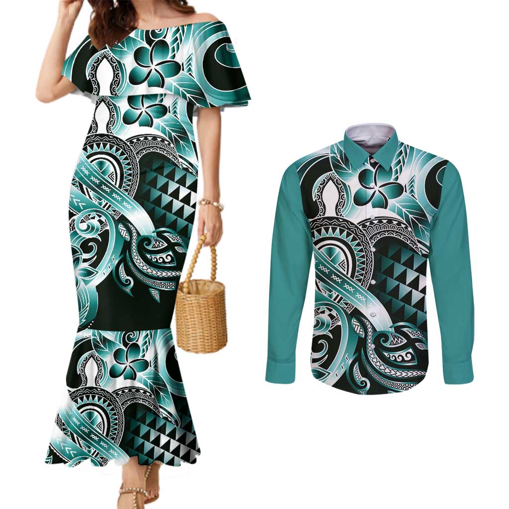 Aloha Turquoise Tribal Honu Tattoo Couples Matching Mermaid Dress and Long Sleeve Button Shirt