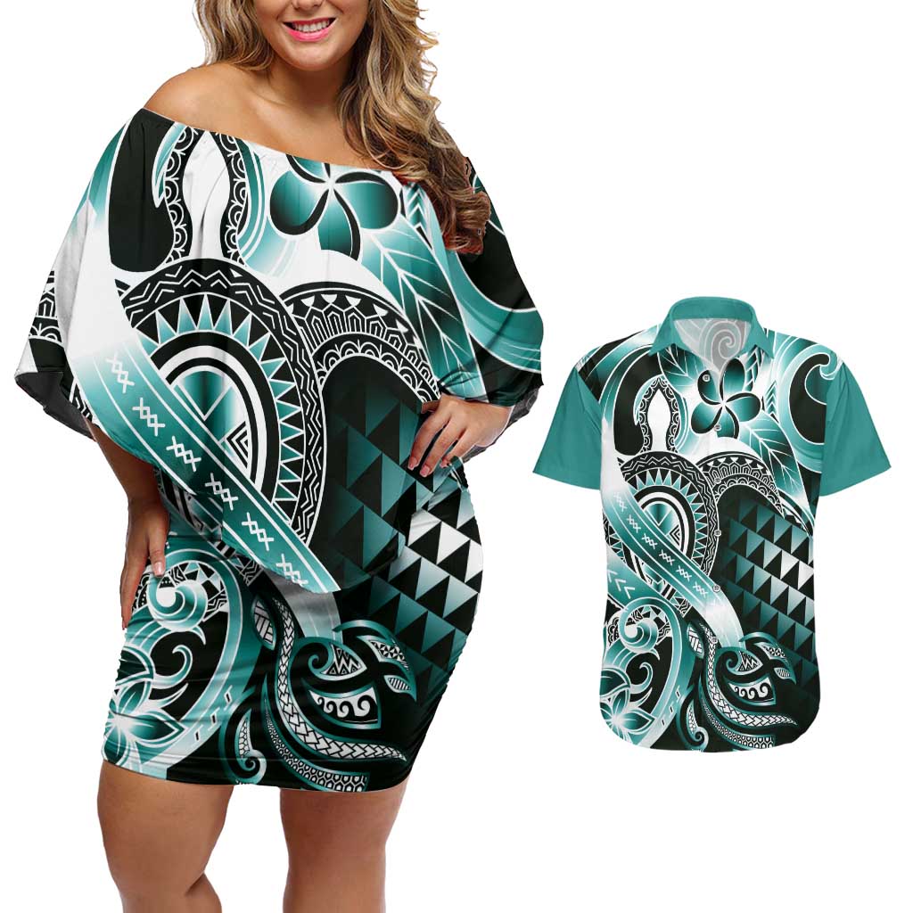 Aloha Turquoise Tribal Honu Tattoo Couples Matching Off Shoulder Short Dress and Hawaiian Shirt
