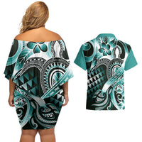 Aloha Turquoise Tribal Honu Tattoo Couples Matching Off Shoulder Short Dress and Hawaiian Shirt