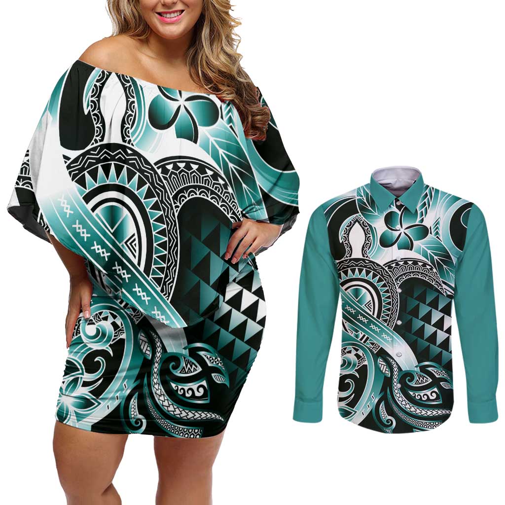 Aloha Turquoise Tribal Honu Tattoo Couples Matching Off Shoulder Short Dress and Long Sleeve Button Shirt