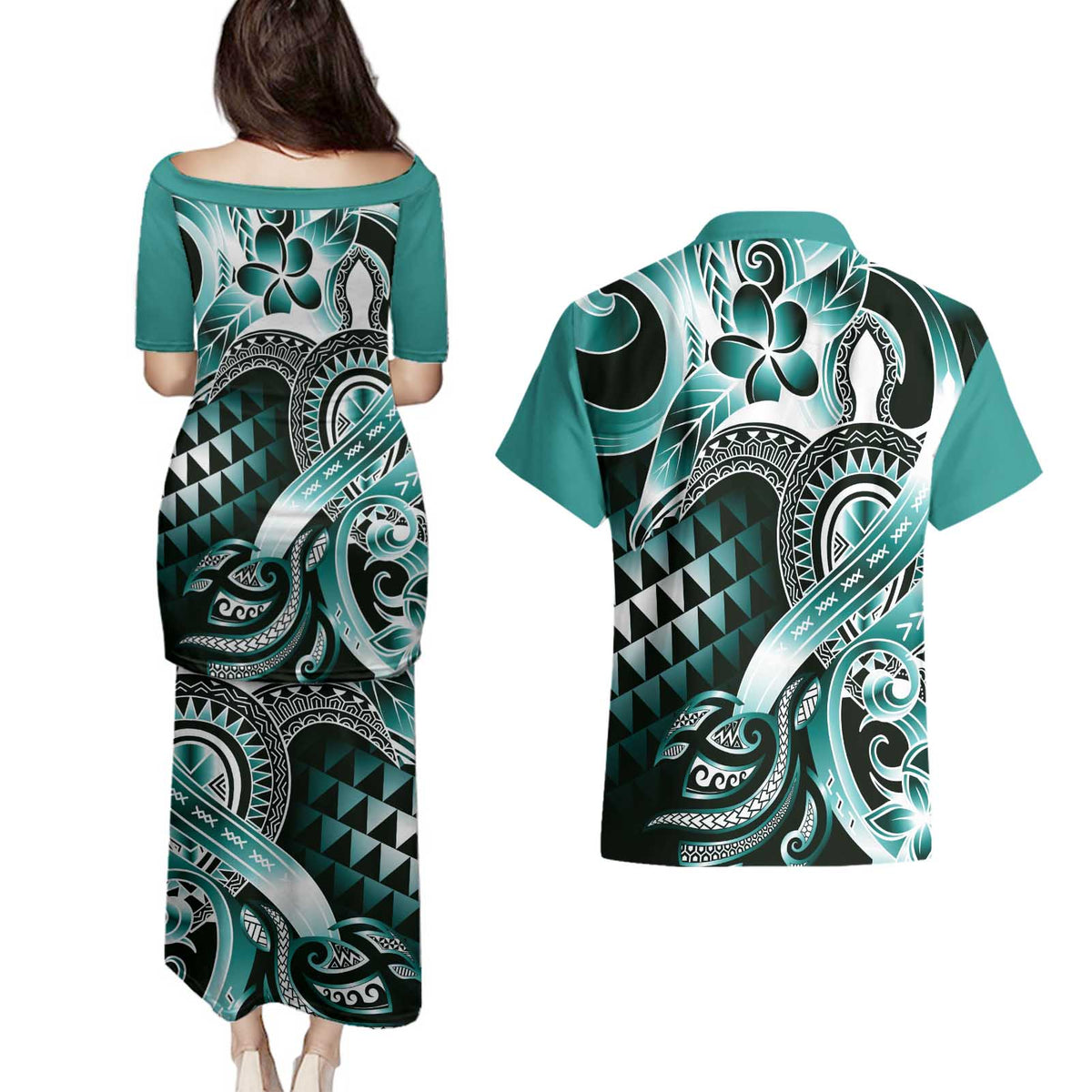 Aloha Turquoise Tribal Honu Tattoo Couples Matching Puletasi and Hawaiian Shirt