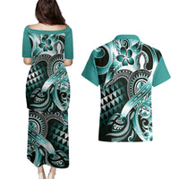 Aloha Turquoise Tribal Honu Tattoo Couples Matching Puletasi and Hawaiian Shirt