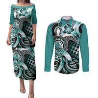 Aloha Turquoise Tribal Honu Tattoo Couples Matching Puletasi and Long Sleeve Button Shirt