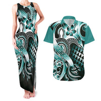 Aloha Turquoise Tribal Honu Tattoo Couples Matching Tank Maxi Dress and Hawaiian Shirt