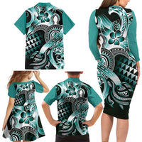 Aloha Turquoise Tribal Honu Tattoo Family Matching Long Sleeve Bodycon Dress and Hawaiian Shirt