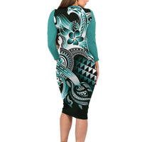 Aloha Turquoise Tribal Honu Tattoo Family Matching Long Sleeve Bodycon Dress and Hawaiian Shirt