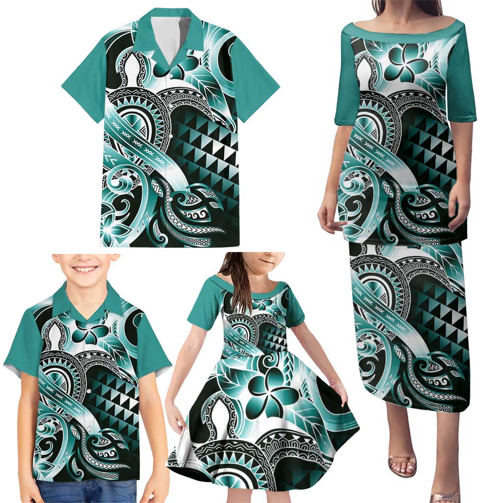 Aloha Turquoise Tribal Honu Tattoo Family Matching Puletasi and Hawaiian Shirt LT9 - Polynesian Pride