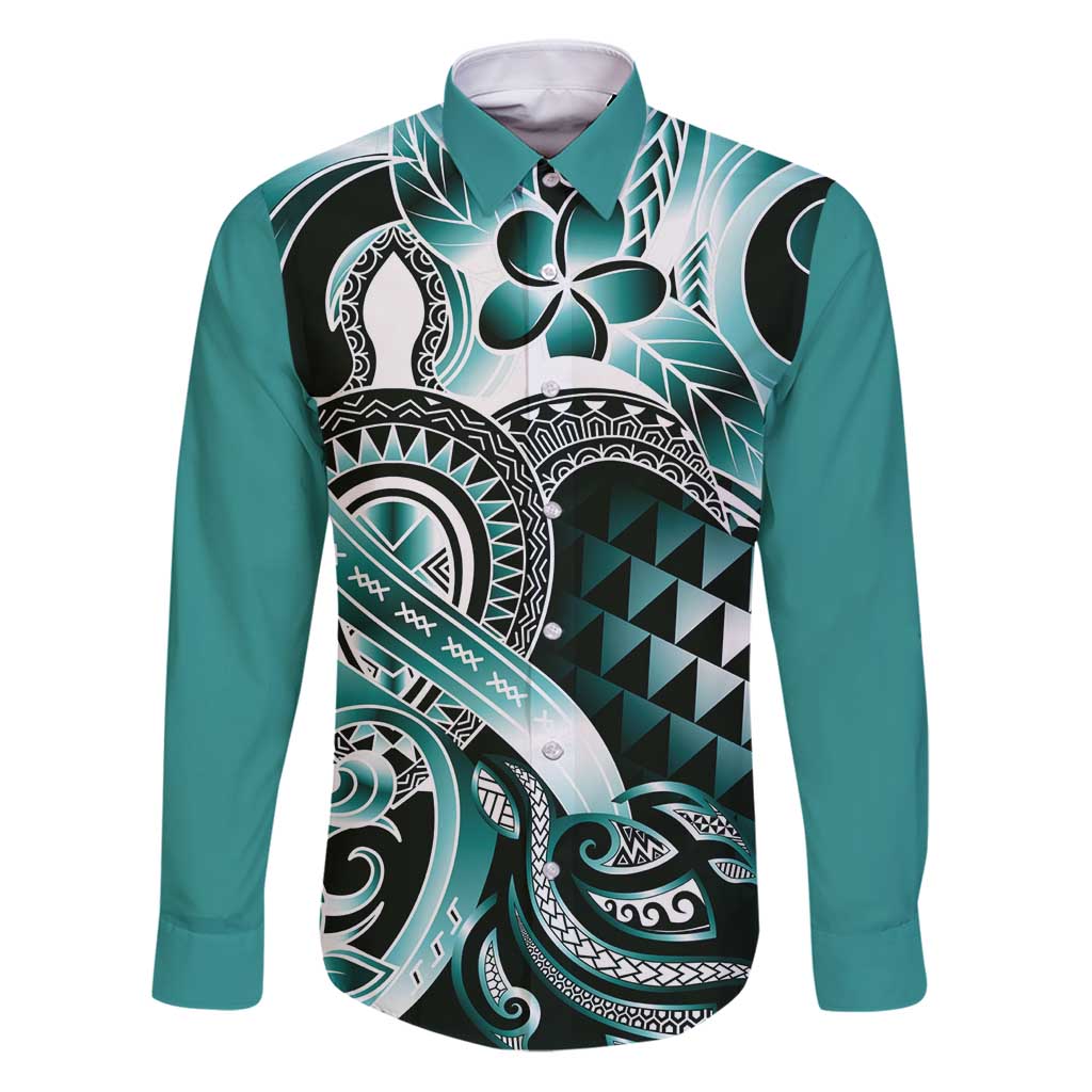 Aloha Turquoise Tribal Honu Tattoo Family Matching Puletasi and Hawaiian Shirt LT9 Dad's Shirt - Long Sleeve Turquoise - Polynesian Pride