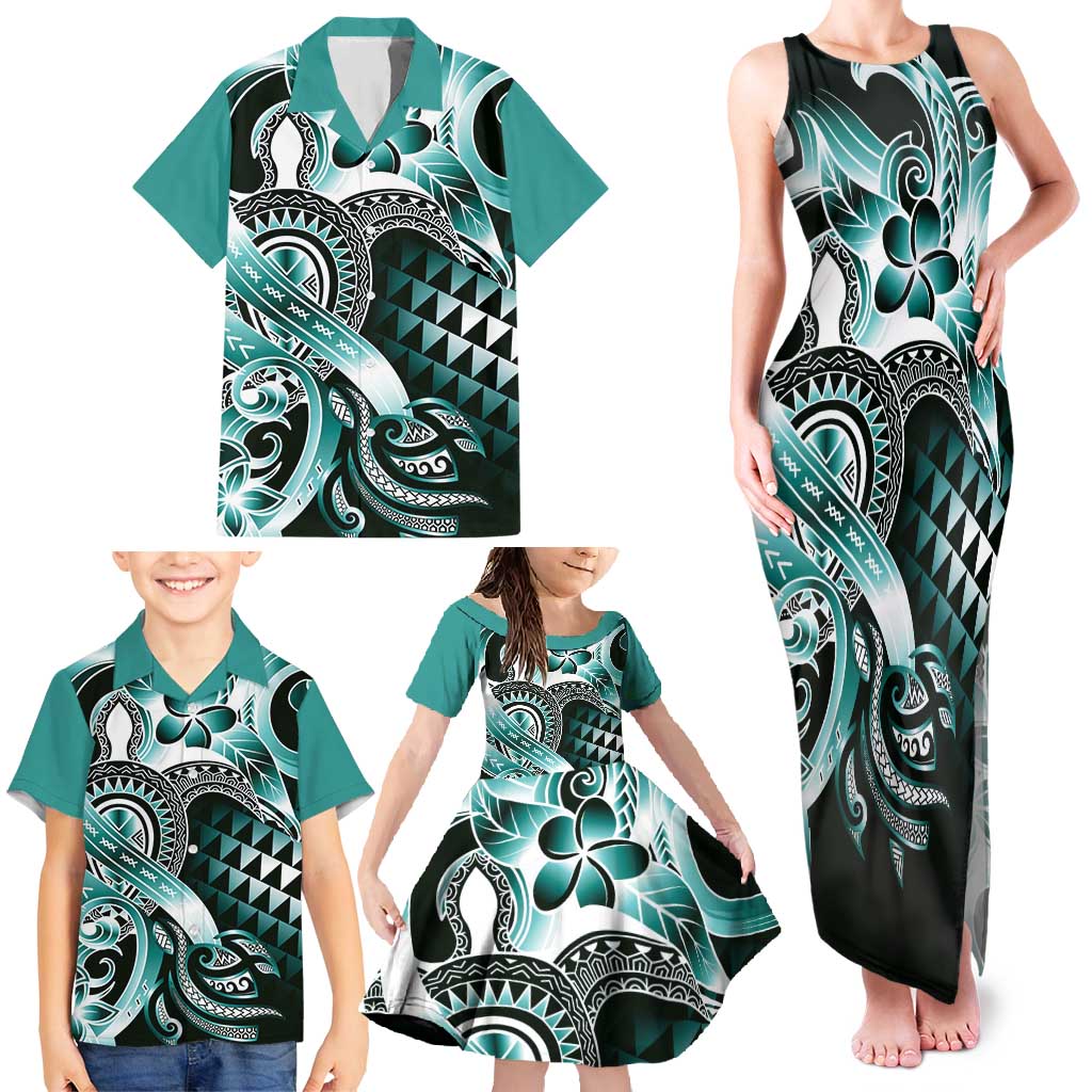 Aloha Turquoise Tribal Honu Tattoo Family Matching Tank Maxi Dress and Hawaiian Shirt