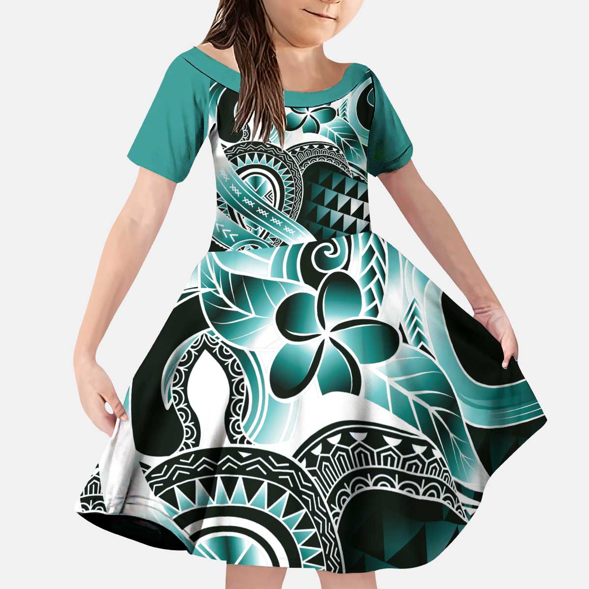 Aloha Turquoise Tribal Honu Tattoo Kid Short Sleeve Dress LT9 KID Turquoise - Polynesian Pride