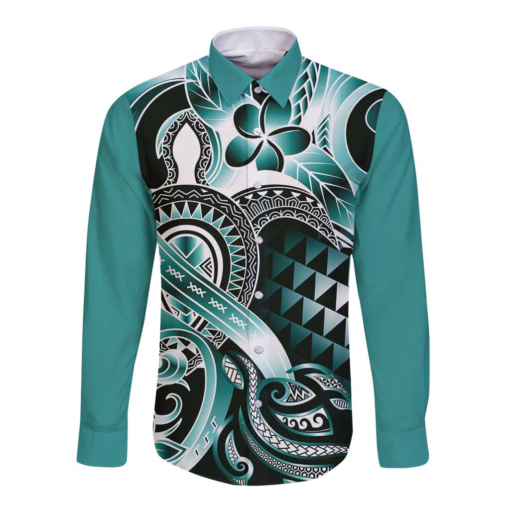 Aloha Turquoise Tribal Honu Tattoo Long Sleeve Button Shirt