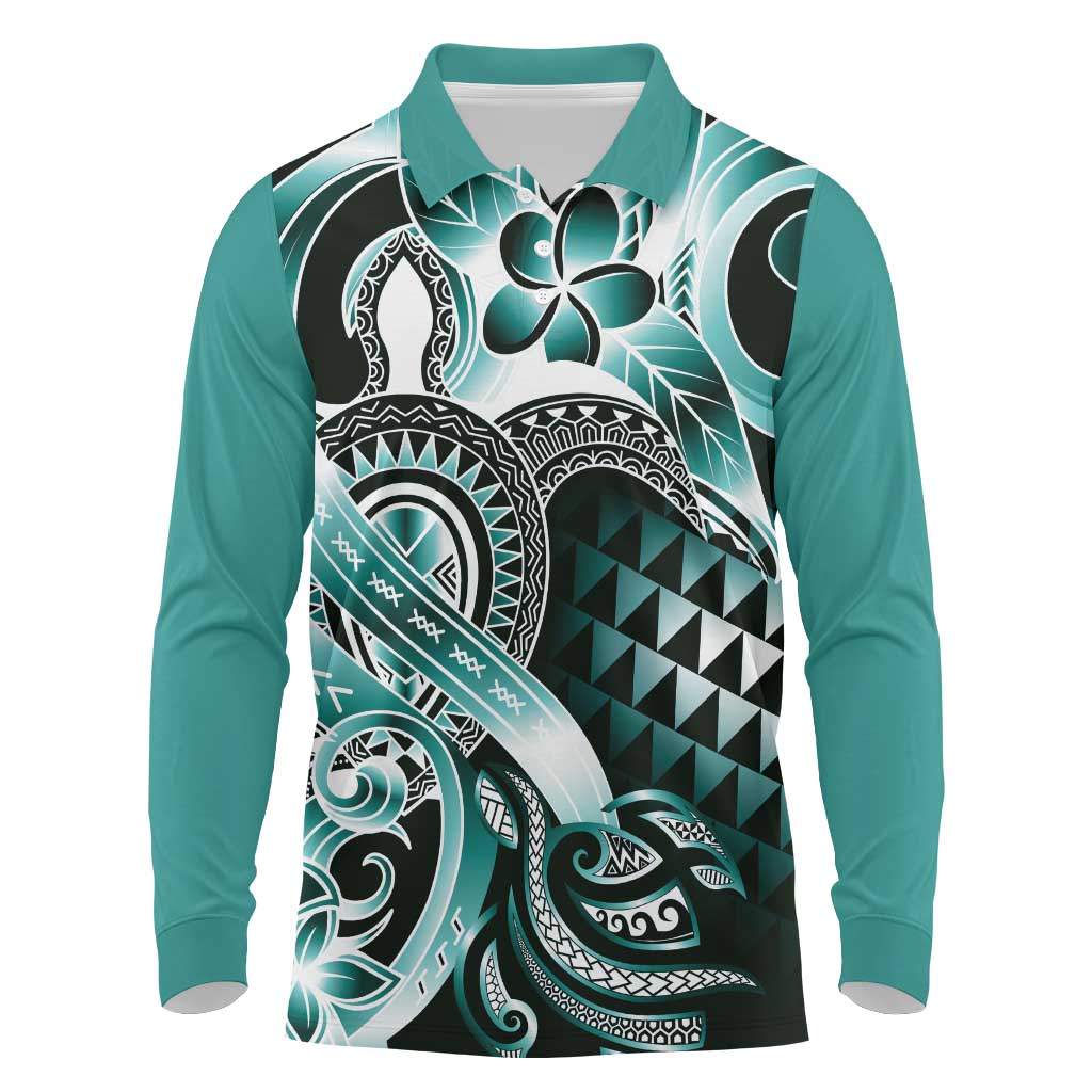 Aloha Turquoise Tribal Honu Tattoo Long Sleeve Polo Shirt LT9 Turquoise - Polynesian Pride