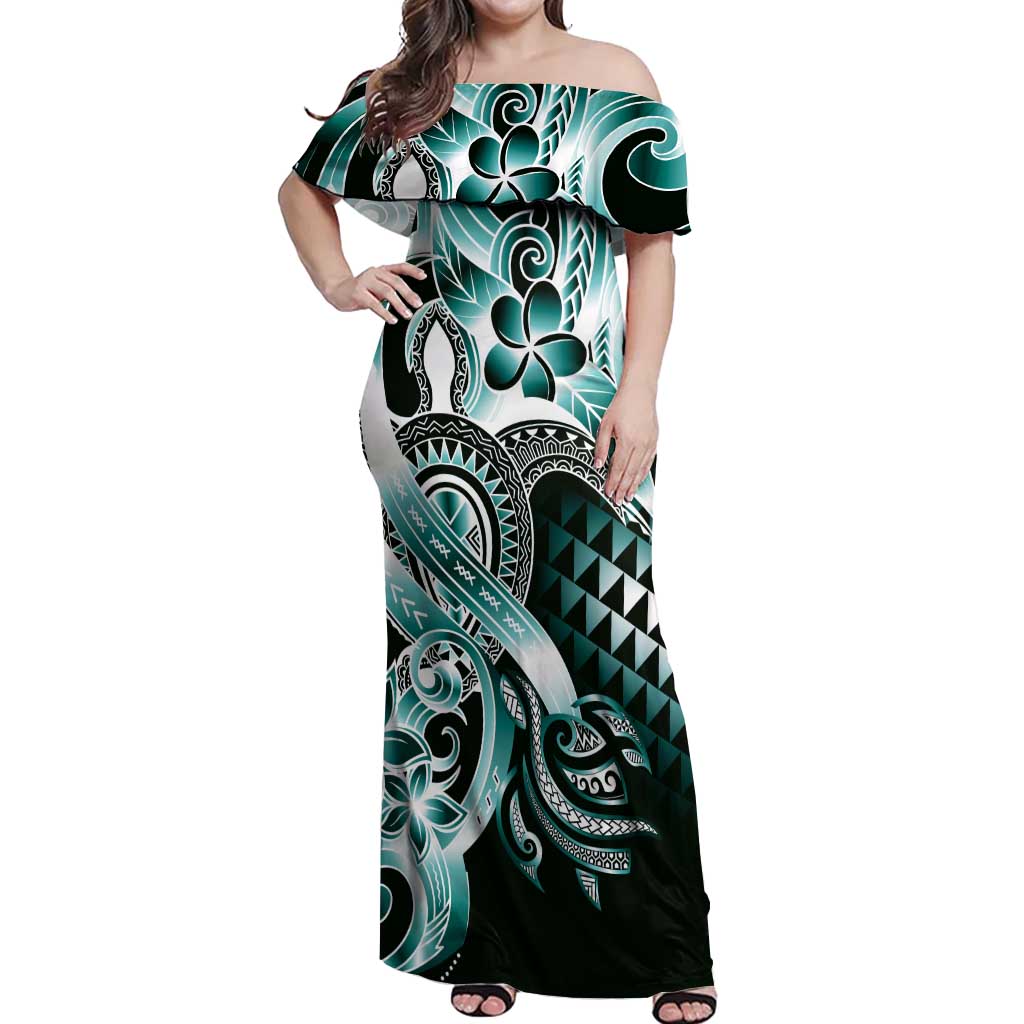 Aloha Turquoise Tribal Honu Tattoo Off Shoulder Maxi Dress LT9 Women Turquoise - Polynesian Pride
