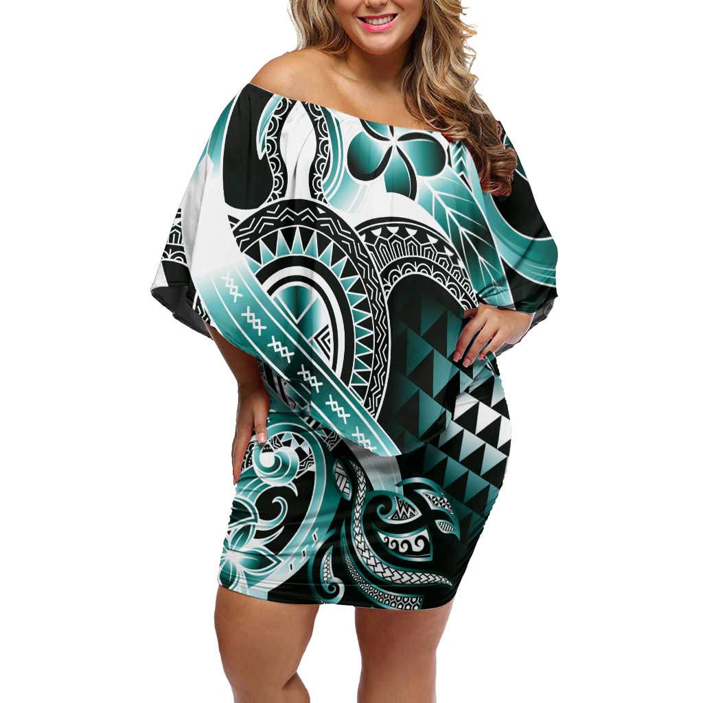 Aloha Turquoise Tribal Honu Tattoo Off Shoulder Short Dress