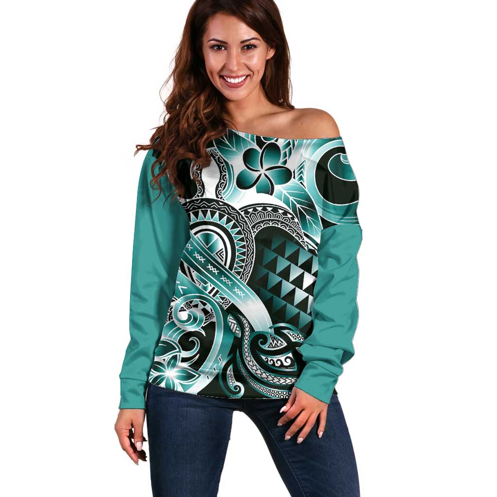 Aloha Turquoise Tribal Honu Tattoo Off Shoulder Sweater