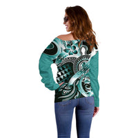 Aloha Turquoise Tribal Honu Tattoo Off Shoulder Sweater