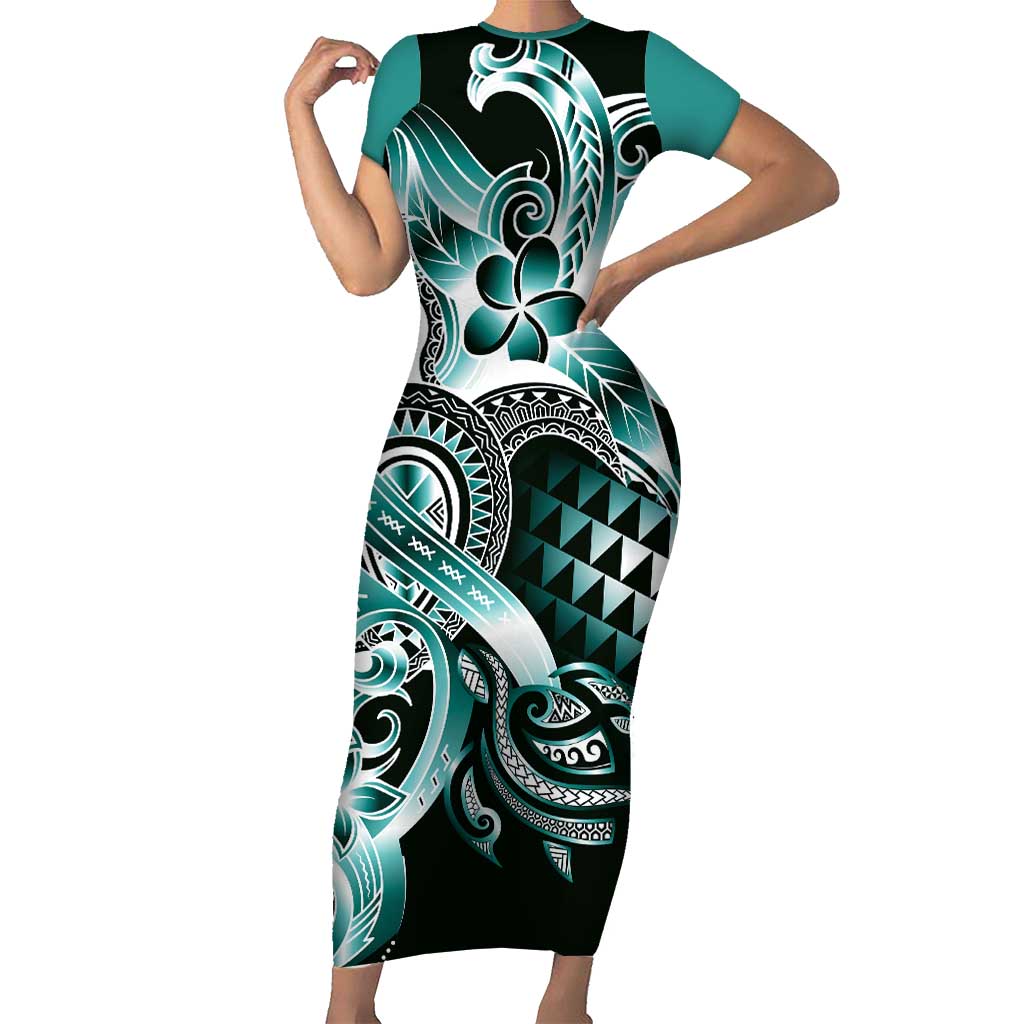 Aloha Turquoise Tribal Honu Tattoo Short Sleeve Bodycon Dress