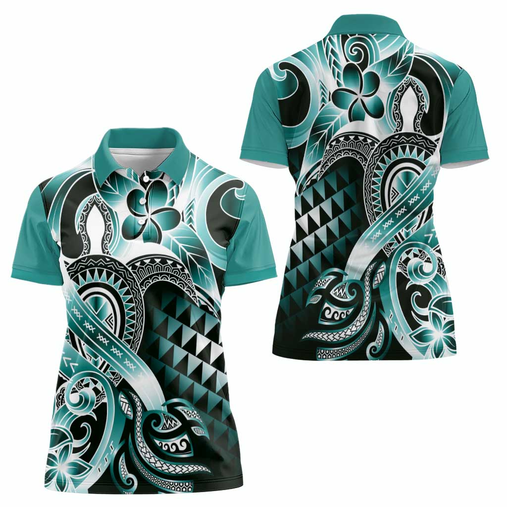 Aloha Turquoise Tribal Honu Tattoo Women Polo Shirt