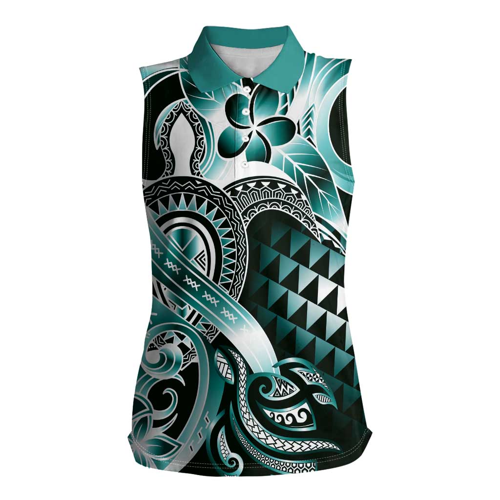 Aloha Turquoise Tribal Honu Tattoo Women Sleeveless Polo Shirt LT9 Female Turquoise - Polynesian Pride