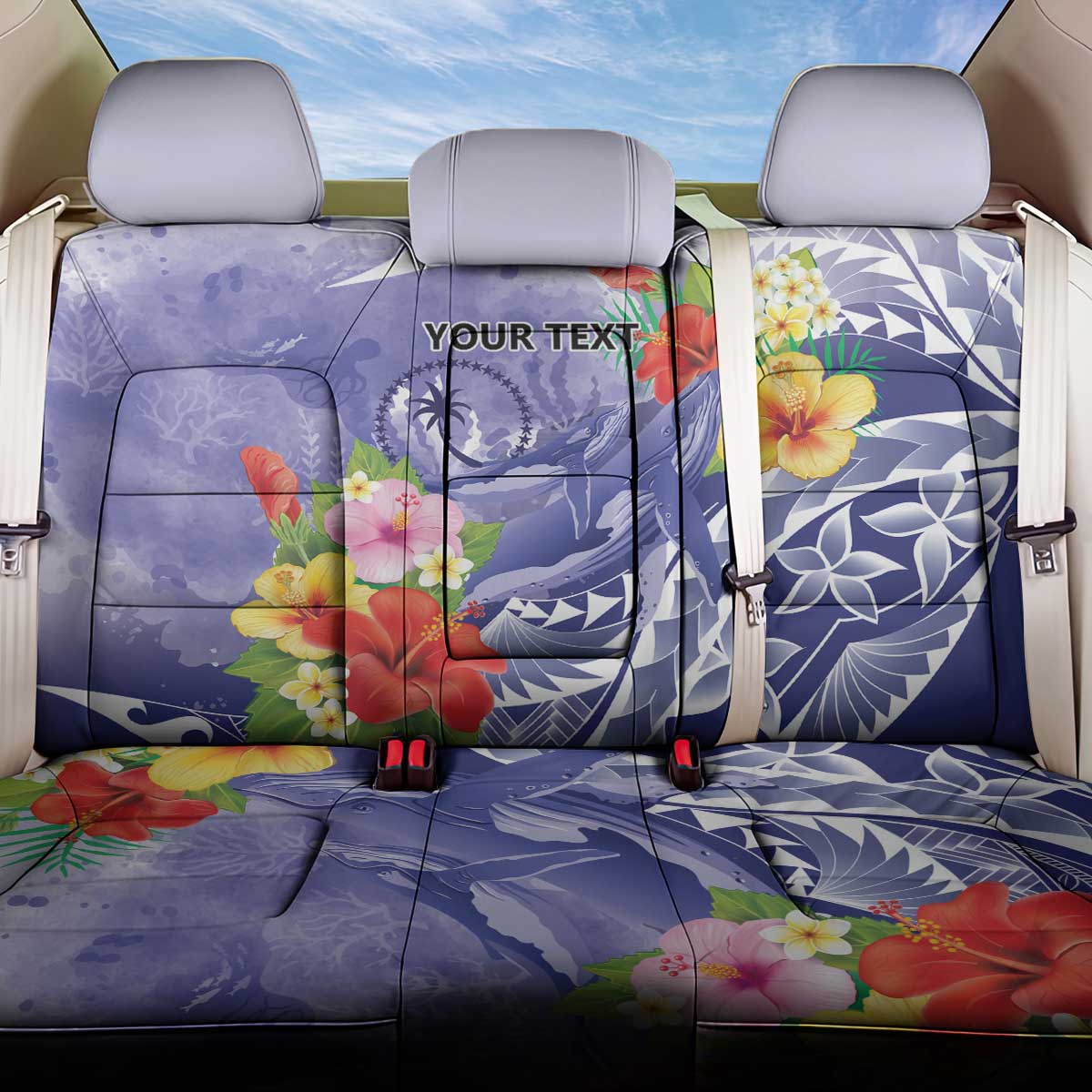 Personalised Chuuk States Humpback Whale Back Car Seat Cover Polynesian Tropical Flowers