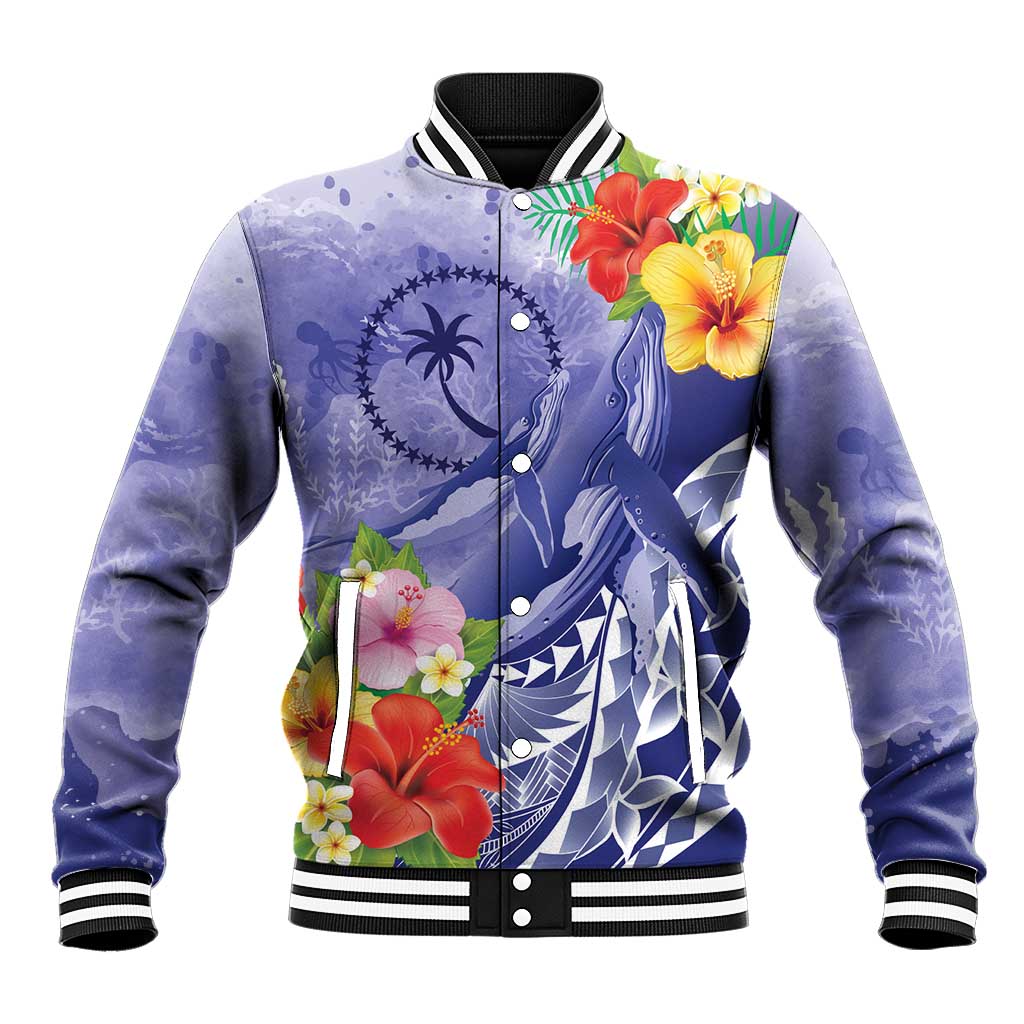 Personalised Chuuk States Humpback Whale Baseball Jacket Polynesian Tropical Flowers