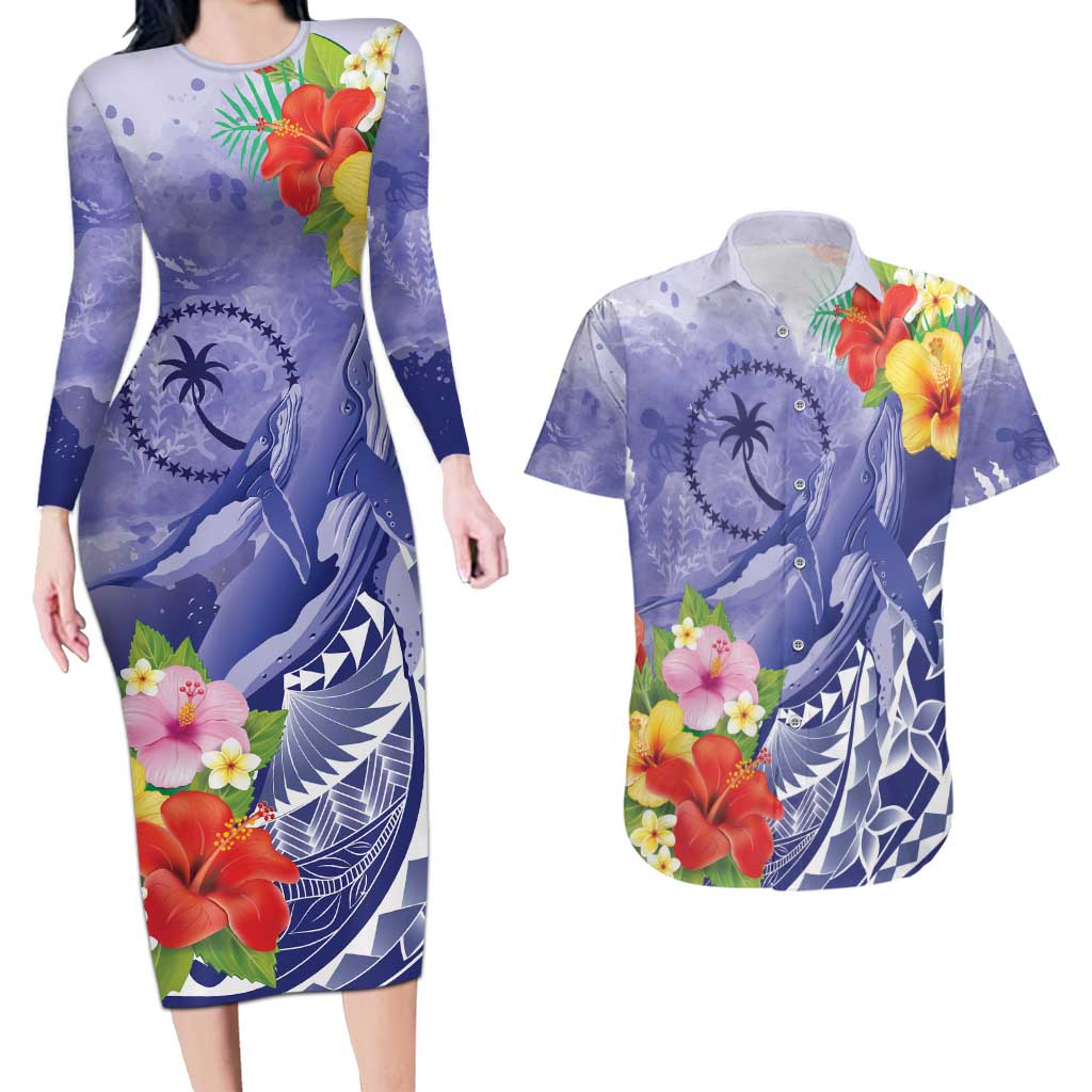 Personalised Chuuk States Humpback Whale Couples Matching Long Sleeve Bodycon Dress and Hawaiian Shirt Polynesian Tropical Flowers