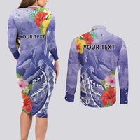 Personalised Chuuk States Humpback Whale Couples Matching Long Sleeve Bodycon Dress and Long Sleeve Button Shirt Polynesian Tropical Flowers LT9 - Polynesian Pride