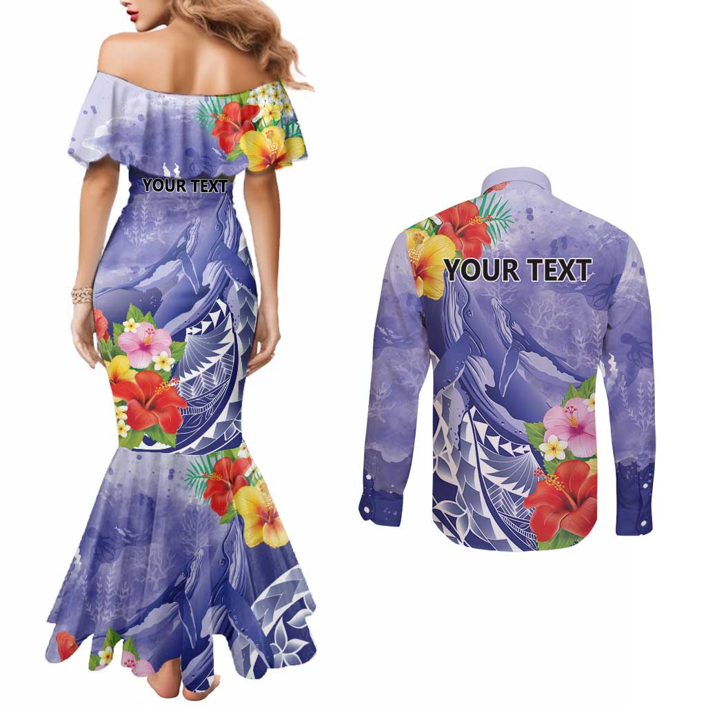 Personalised Chuuk States Humpback Whale Couples Matching Mermaid Dress and Long Sleeve Button Shirt Polynesian Tropical Flowers LT9 - Polynesian Pride