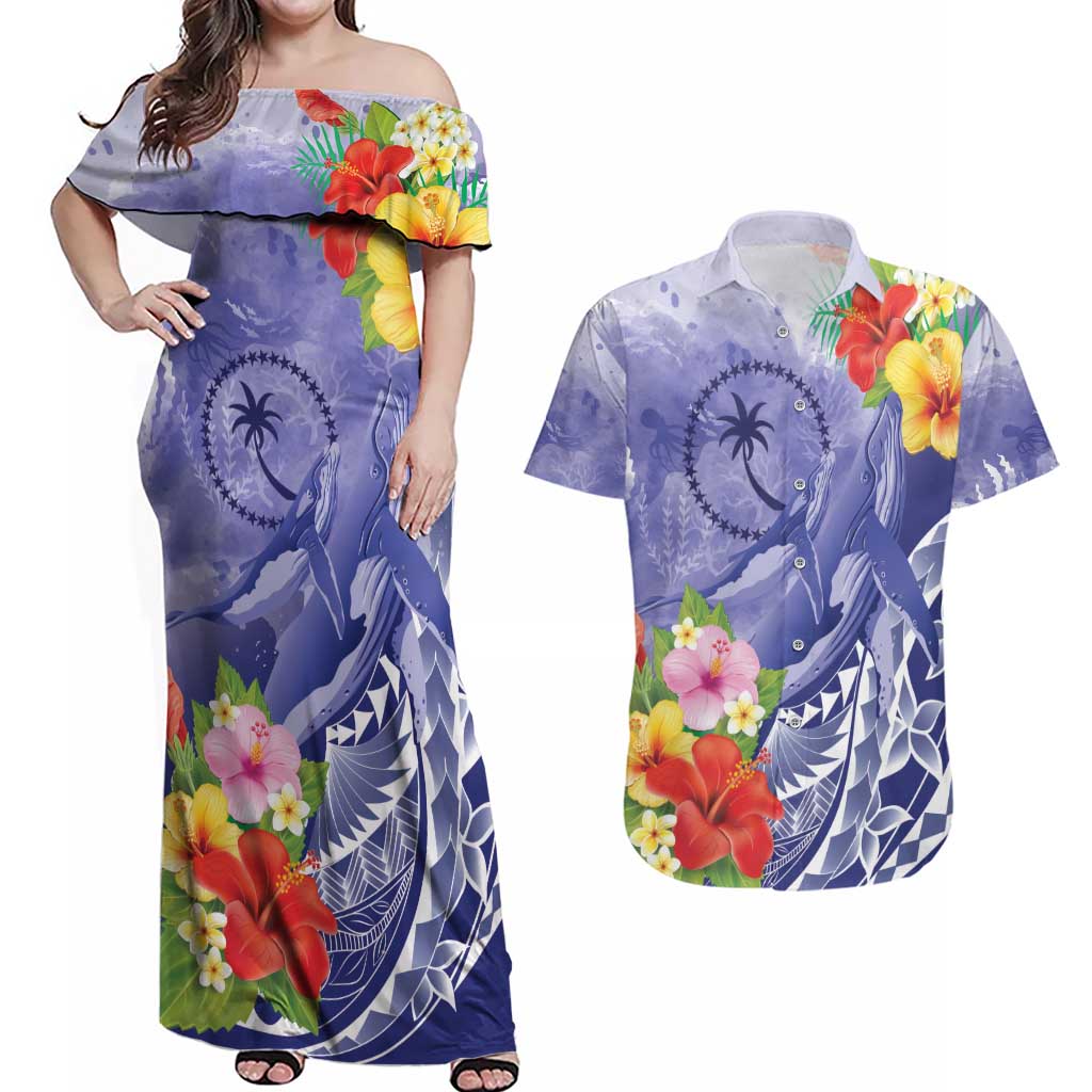 Personalised Chuuk States Humpback Whale Couples Matching Off Shoulder Maxi Dress and Hawaiian Shirt Polynesian Tropical Flowers