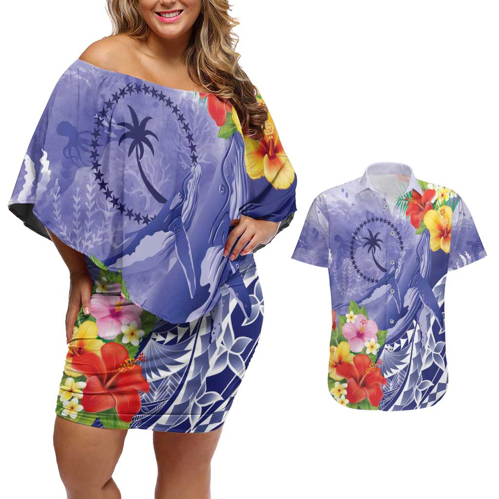 Personalised Chuuk States Humpback Whale Couples Matching Off Shoulder Short Dress and Hawaiian Shirt Polynesian Tropical Flowers