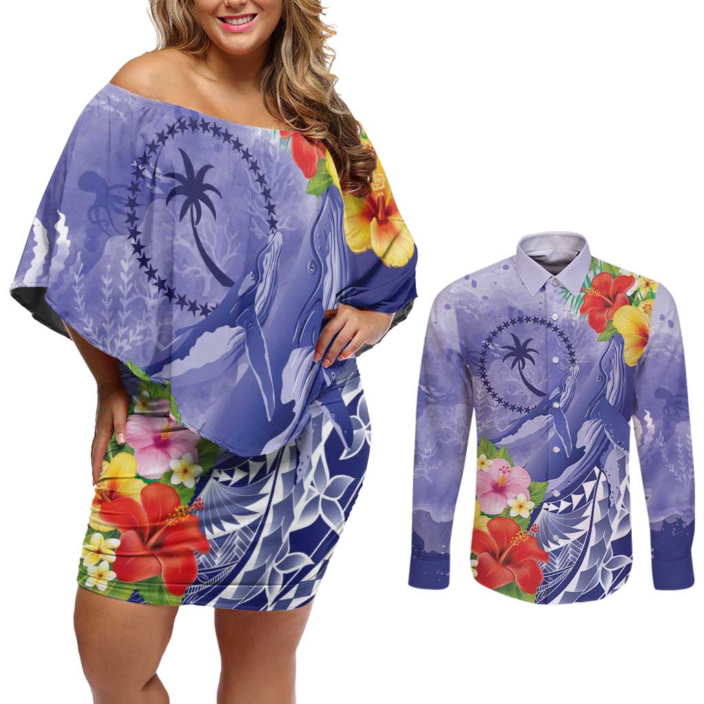 Personalised Chuuk States Humpback Whale Couples Matching Off Shoulder Short Dress and Long Sleeve Button Shirt Polynesian Tropical Flowers