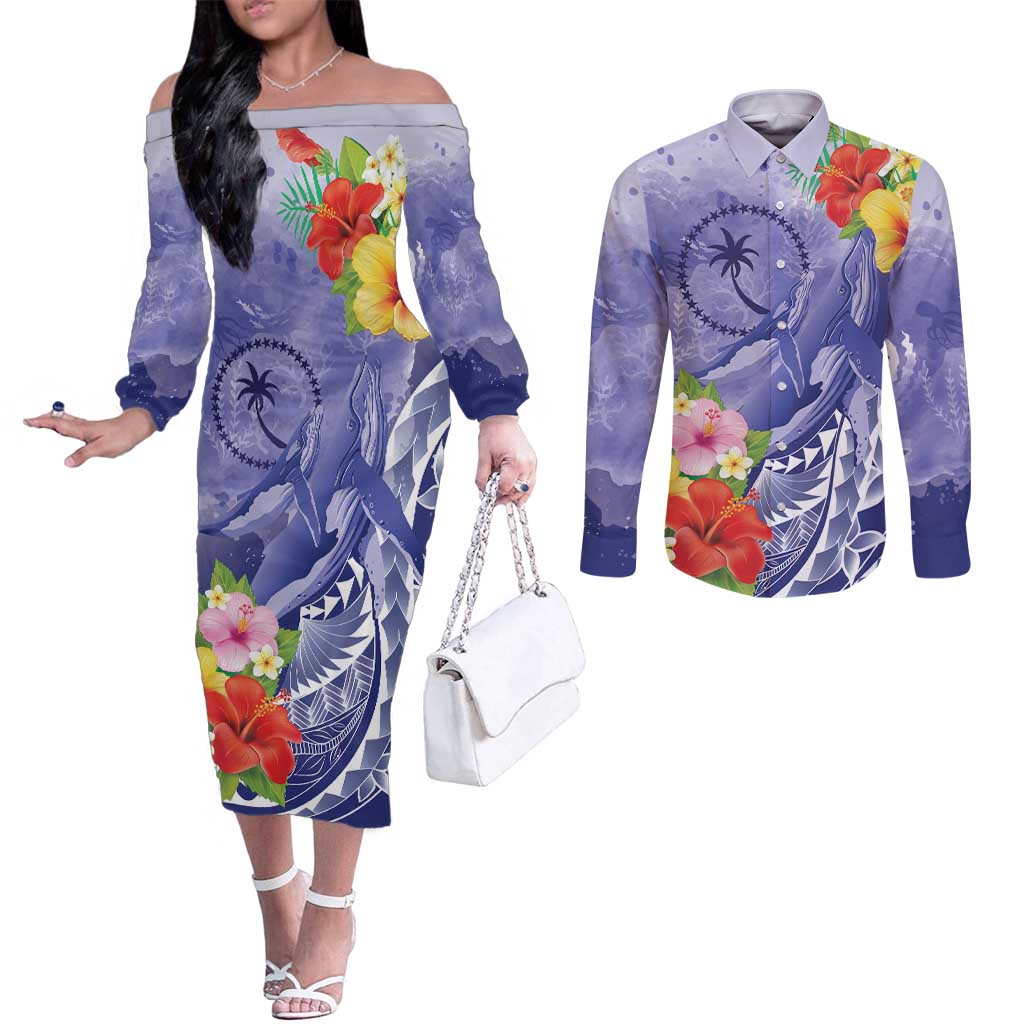 Personalised Chuuk States Humpback Whale Couples Matching Off The Shoulder Long Sleeve Dress and Long Sleeve Button Shirt Polynesian Tropical Flowers