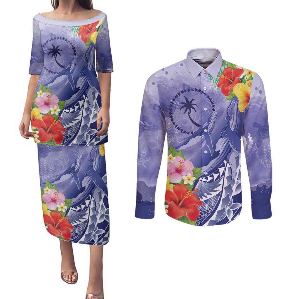 Personalised Chuuk States Humpback Whale Couples Matching Puletasi and Long Sleeve Button Shirt Polynesian Tropical Flowers LT9 Blue - Polynesian Pride