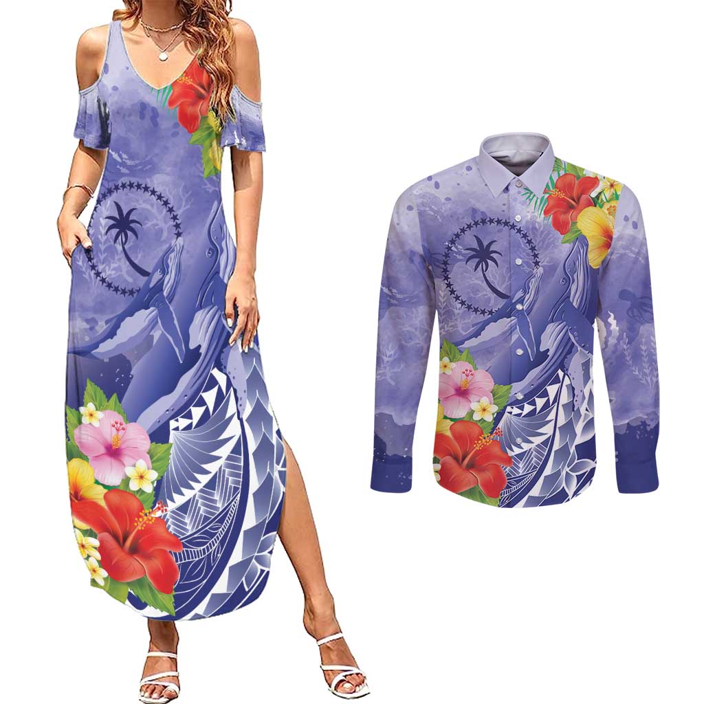 Personalised Chuuk States Humpback Whale Couples Matching Summer Maxi Dress and Long Sleeve Button Shirt Polynesian Tropical Flowers LT9 Blue - Polynesian Pride