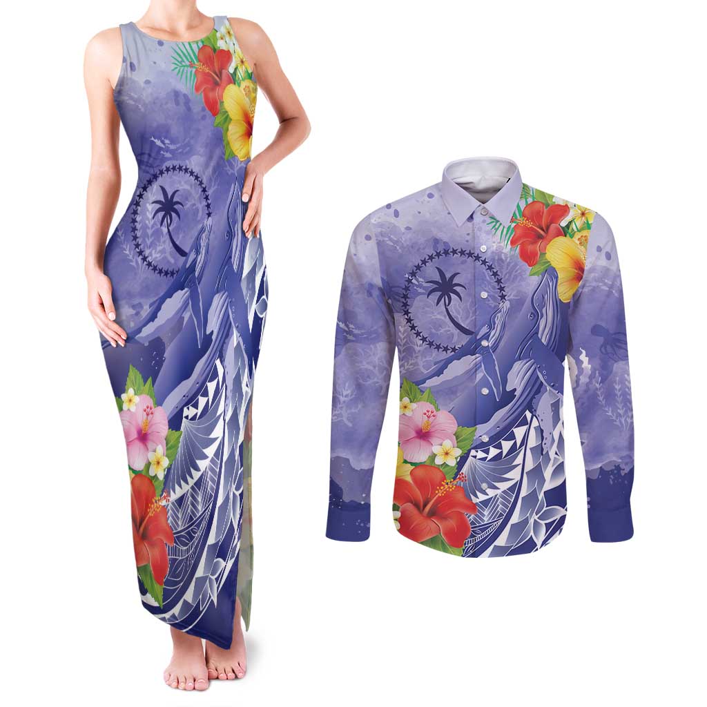 Personalised Chuuk States Humpback Whale Couples Matching Tank Maxi Dress and Long Sleeve Button Shirt Polynesian Tropical Flowers LT9 Blue - Polynesian Pride