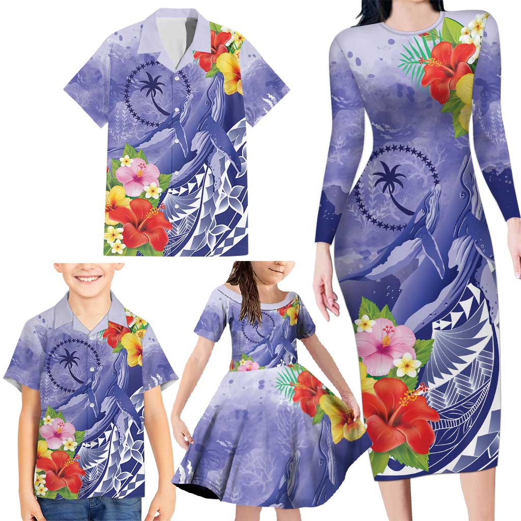 Personalised Chuuk States Humpback Whale Family Matching Long Sleeve Bodycon Dress and Hawaiian Shirt Polynesian Tropical Flowers