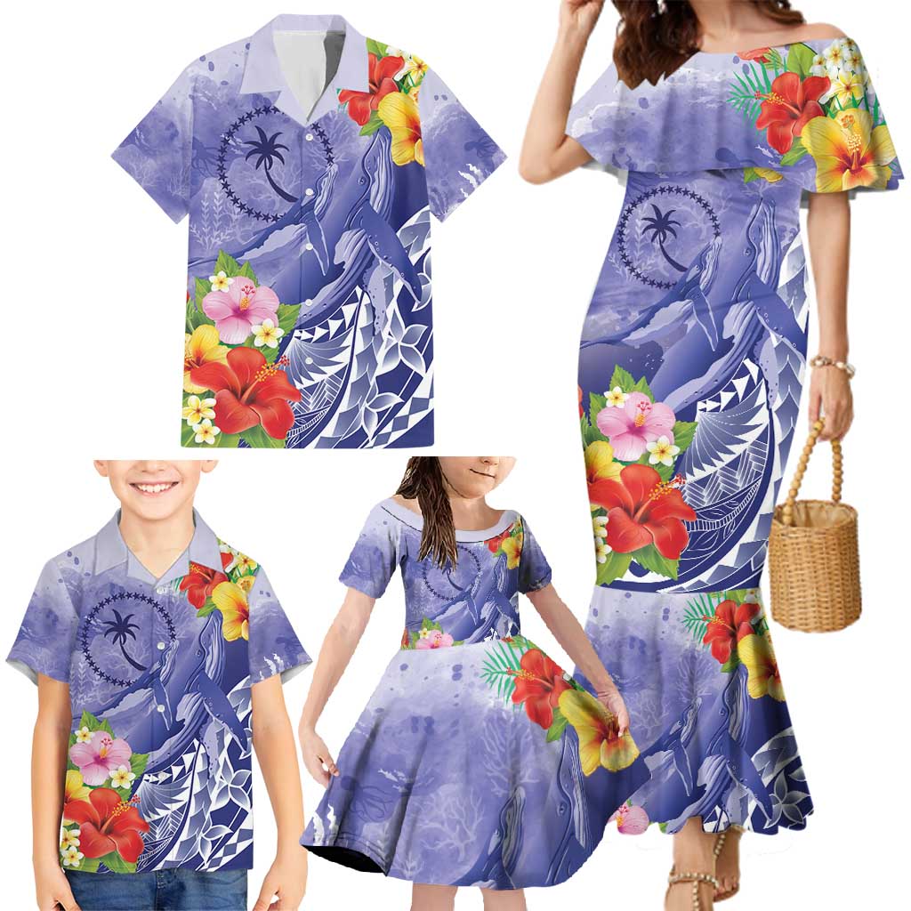 Personalised Chuuk States Humpback Whale Family Matching Mermaid Dress and Hawaiian Shirt Polynesian Tropical Flowers