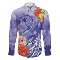 Personalised Chuuk States Humpback Whale Family Matching Off Shoulder Maxi Dress and Hawaiian Shirt Polynesian Tropical Flowers LT9 Dad's Shirt - Long Sleeve Blue - Polynesian Pride