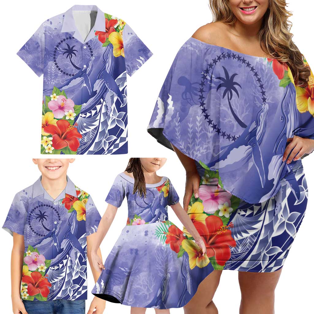 Personalised Chuuk States Humpback Whale Family Matching Off Shoulder Short Dress and Hawaiian Shirt Polynesian Tropical Flowers LT9 - Polynesian Pride