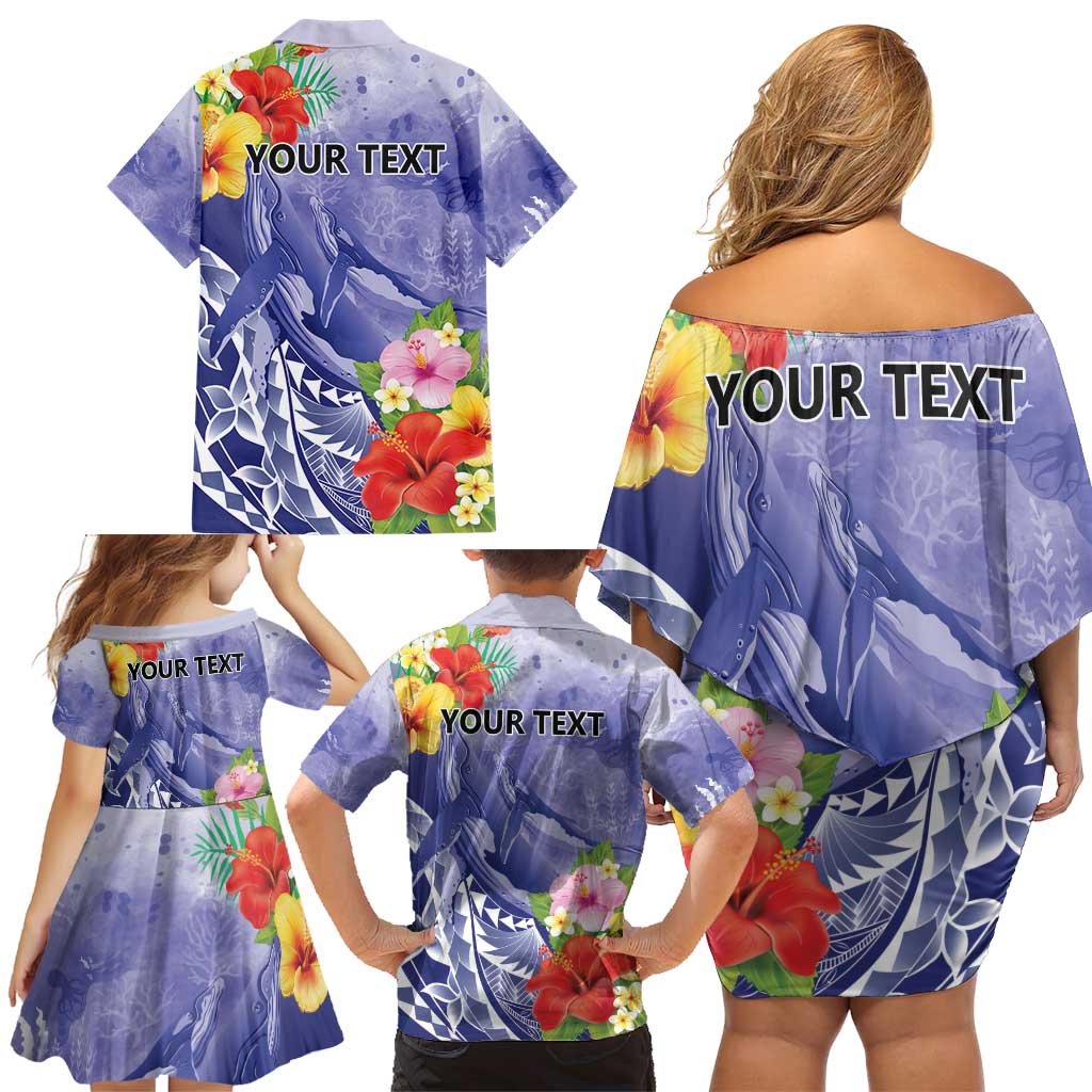 Personalised Chuuk States Humpback Whale Family Matching Off Shoulder Short Dress and Hawaiian Shirt Polynesian Tropical Flowers LT9 - Polynesian Pride