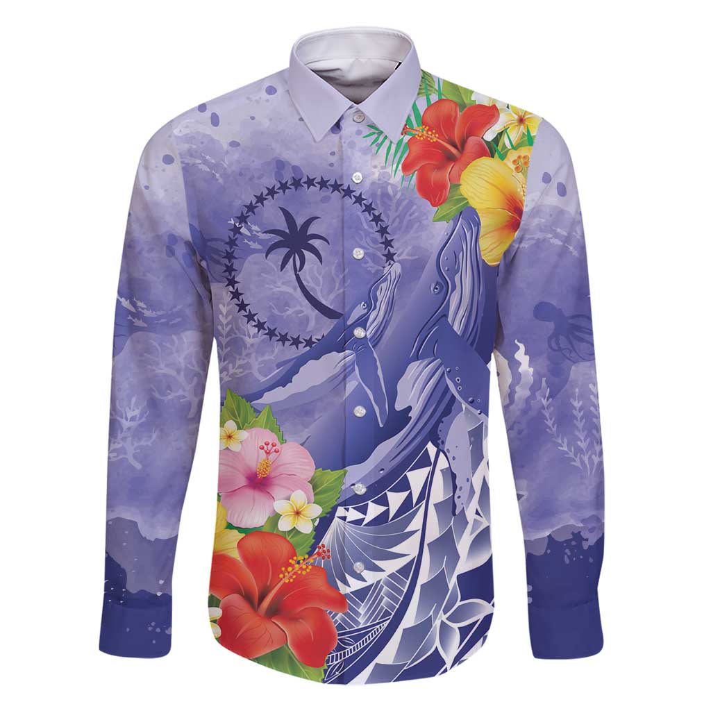 Personalised Chuuk States Humpback Whale Family Matching Off Shoulder Short Dress and Hawaiian Shirt Polynesian Tropical Flowers LT9 Dad's Shirt - Long Sleeve Blue - Polynesian Pride