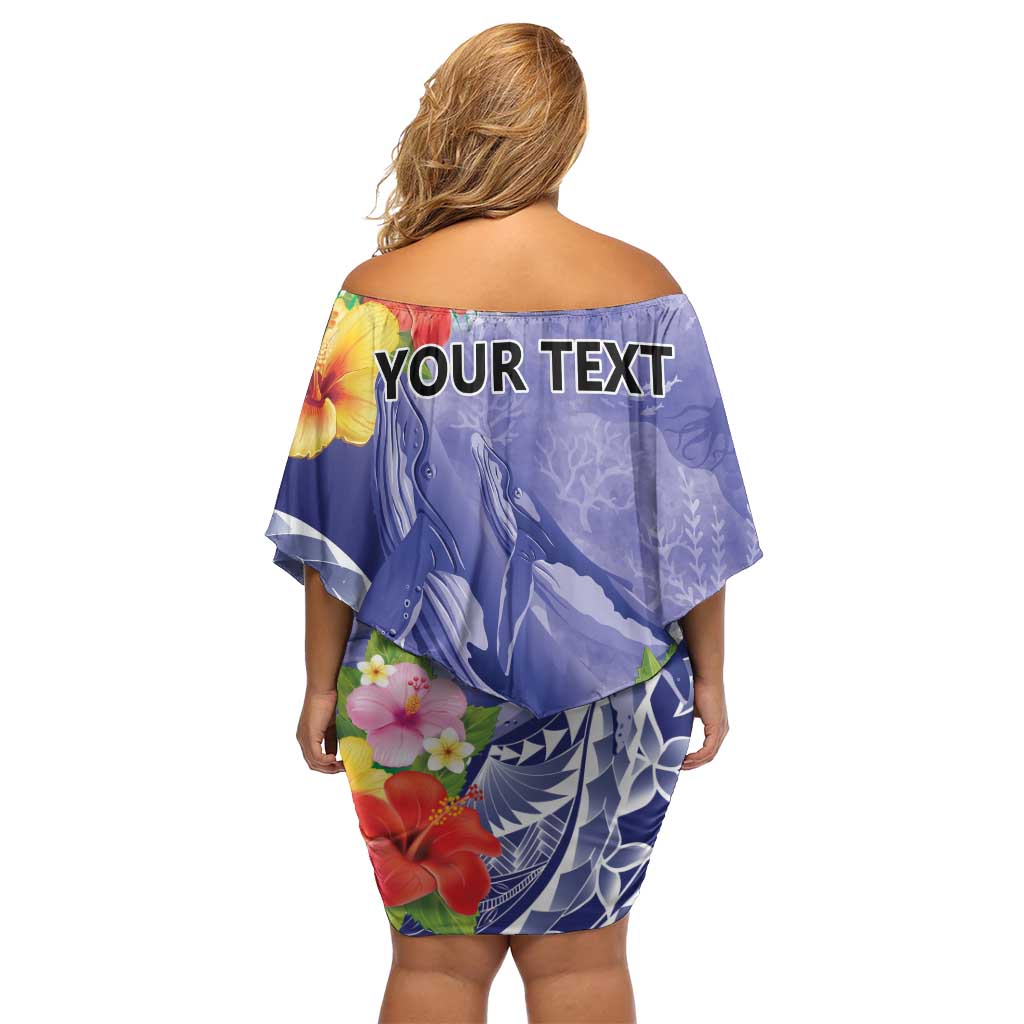 Personalised Chuuk States Humpback Whale Family Matching Off Shoulder Short Dress and Hawaiian Shirt Polynesian Tropical Flowers LT9 - Polynesian Pride
