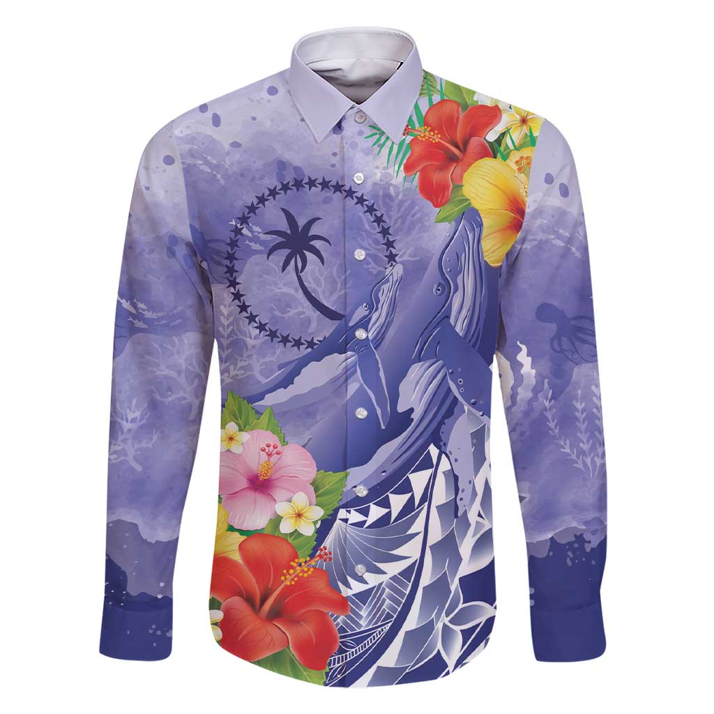 Personalised Chuuk States Humpback Whale Family Matching Short Sleeve Bodycon Dress and Hawaiian Shirt Polynesian Tropical Flowers LT9 Dad's Shirt - Long Sleeve Blue - Polynesian Pride