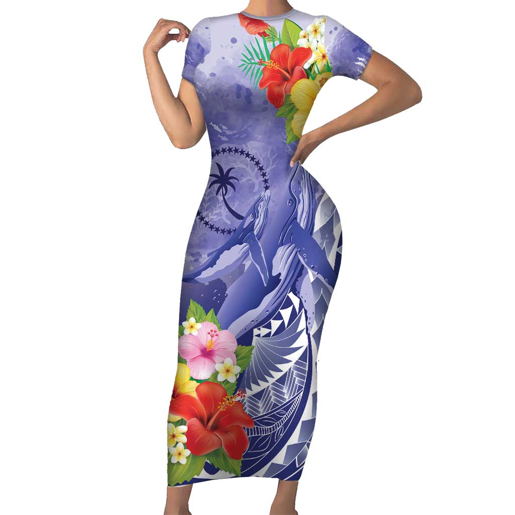 Personalised Chuuk States Humpback Whale Family Matching Short Sleeve Bodycon Dress and Hawaiian Shirt Polynesian Tropical Flowers LT9 Mom's Dress Blue - Polynesian Pride