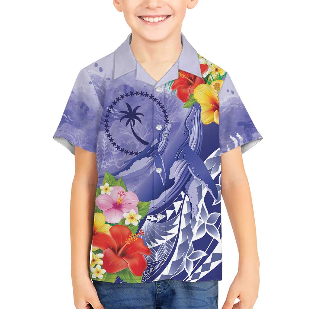 Personalised Chuuk States Humpback Whale Family Matching Short Sleeve Bodycon Dress and Hawaiian Shirt Polynesian Tropical Flowers LT9 Son's Shirt Blue - Polynesian Pride