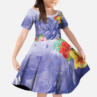 Personalised Chuuk States Humpback Whale Family Matching Summer Maxi Dress and Hawaiian Shirt Polynesian Tropical Flowers LT9 Daughter's Dress Blue - Polynesian Pride