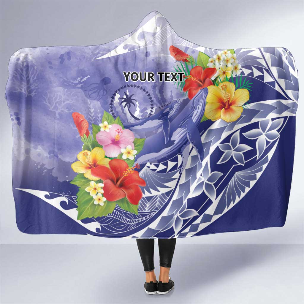 Personalised Chuuk States Humpback Whale Hooded Blanket Polynesian Tropical Flowers LT9 One Size Blue - Polynesian Pride