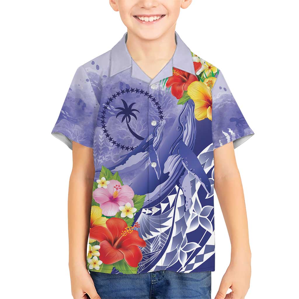 Personalised Chuuk States Humpback Whale Kid Hawaiian Shirt Polynesian Tropical Flowers